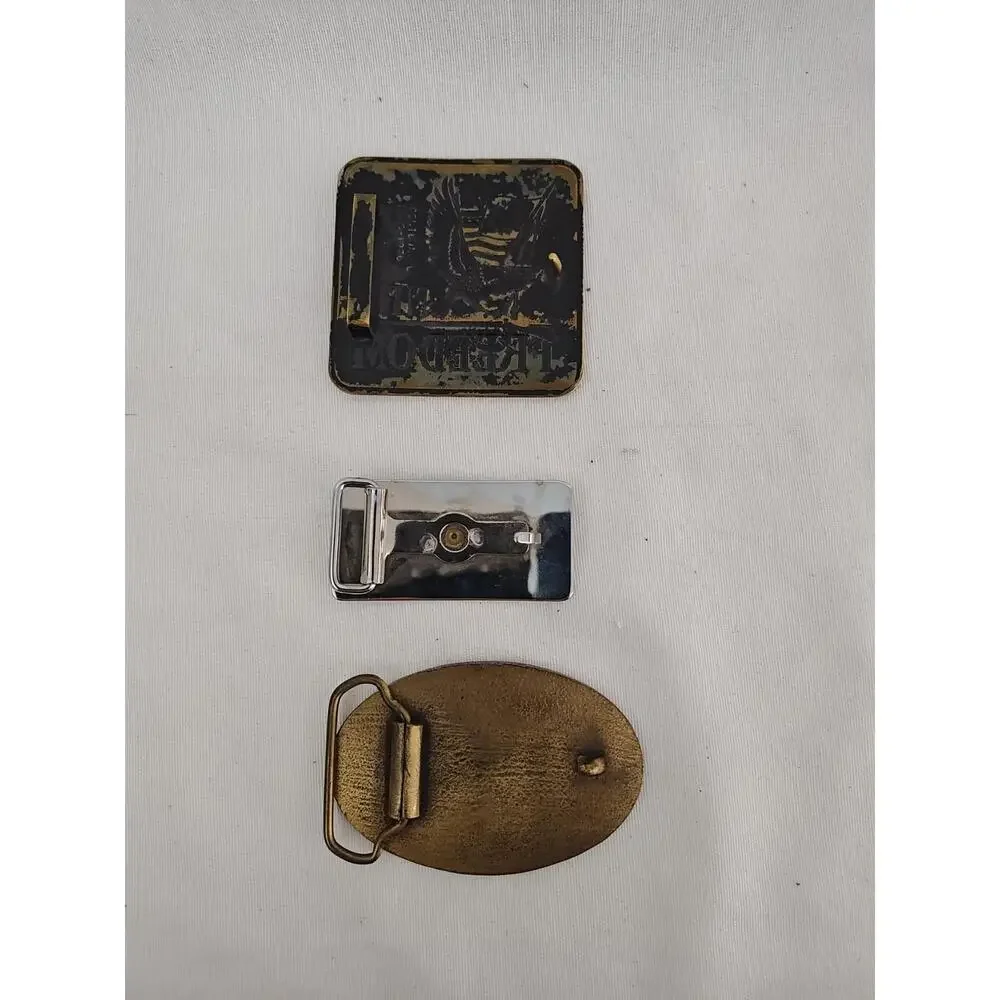 Lot of 3 vintage brass belt buckles NRA Freedom Cowboy‎ Six Shooter Security